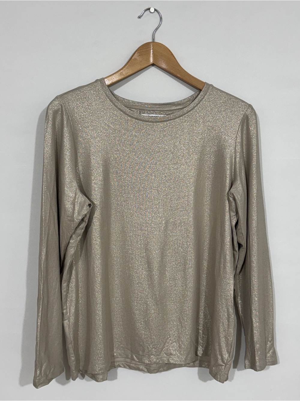 WSH22 {Chico's} Gold Metallic Shimmer Long Sleeve Crewneck T-Shirt Shirt Top Tee